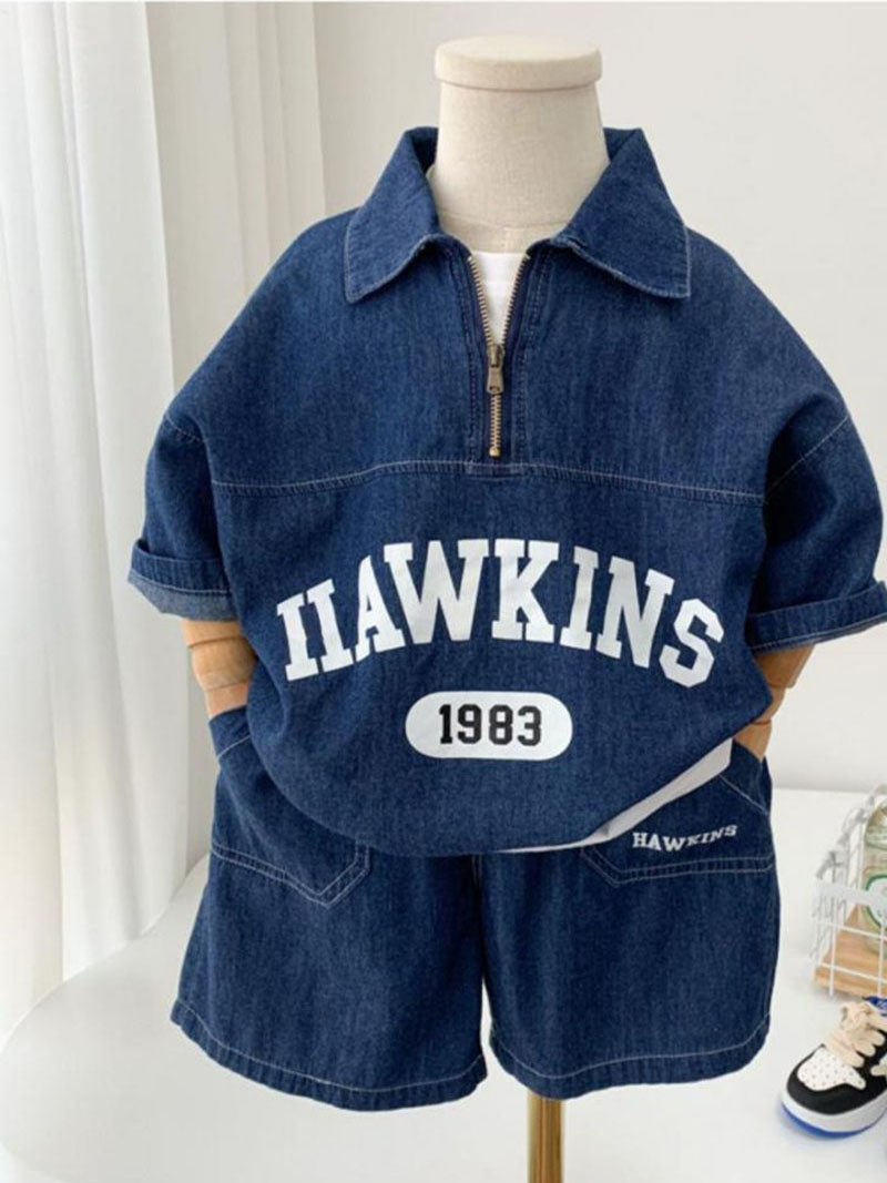 Denim set short + shirt - Hawkin Peuter Kleuter Kinderen, Blauw, Katoen, Maat 1-7 Jaar