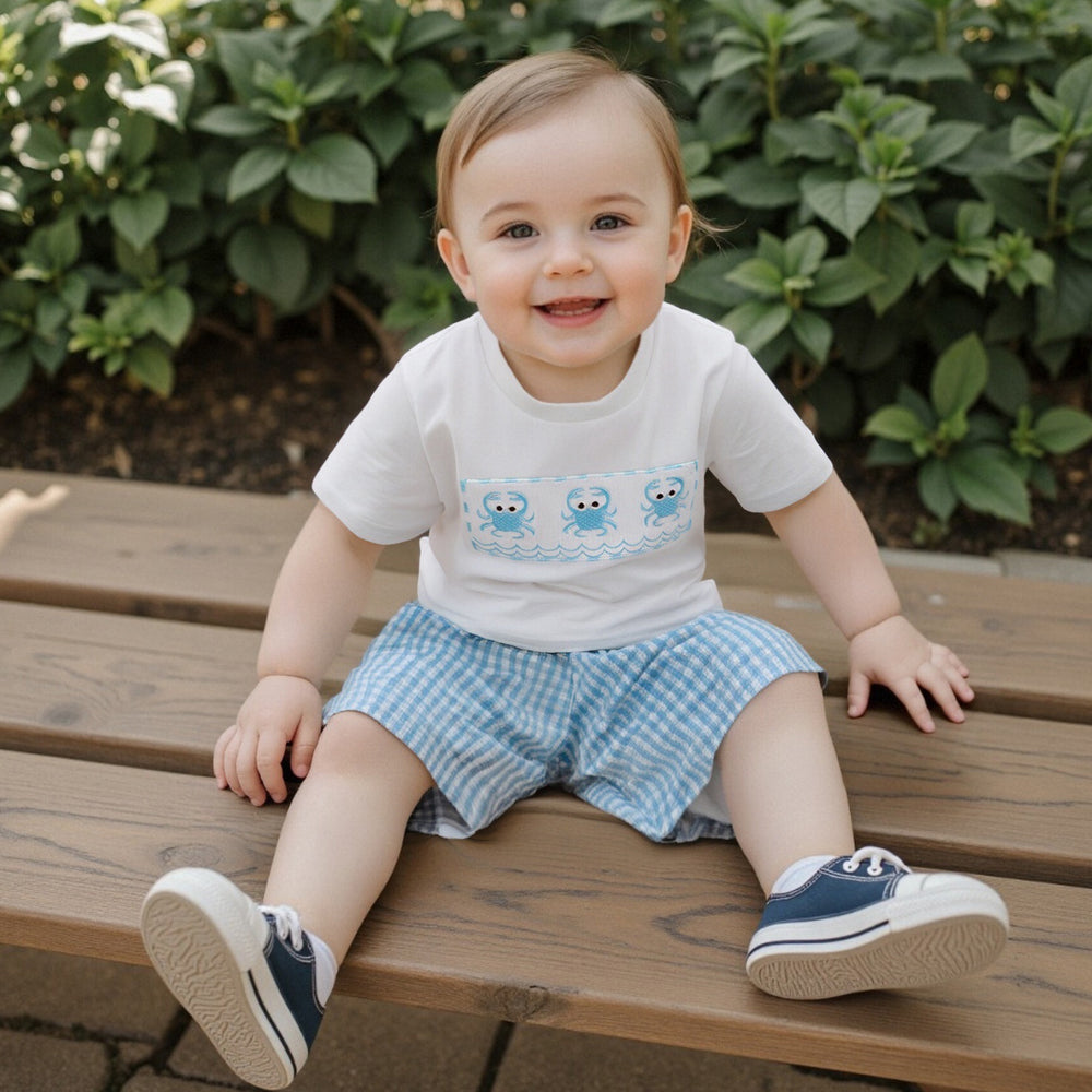 CrabbyCool Zomerset Baby & Peuter | T-shirt met Krabjes & Ruitjes Short | Katoen & Polyester | 6mnd–4jr | Wit & Blauw