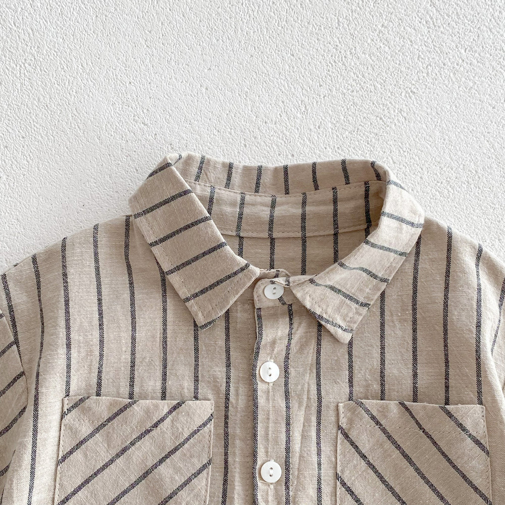 Zomerset Korte Broek met Shirt - Gestreepte Linnen Set Jongens, Beige, Katoen, Maat 0-5 Jaar