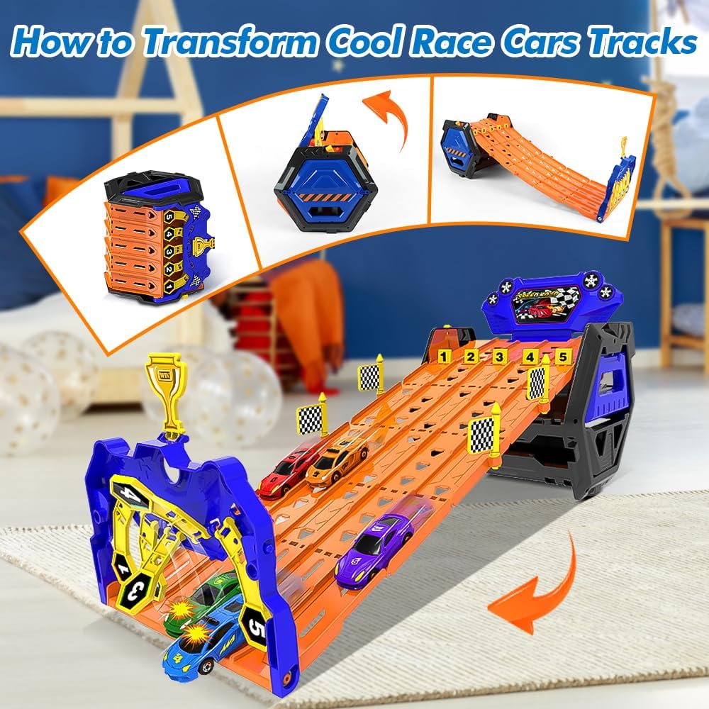 SpeedRacer 5-Banen Racebaan met Auto's – Transformeerbare Opbergset | Inclusief 5 Racewagens | Speelgoed Racebaan voor Jongeren 14+ | Racing Track Game