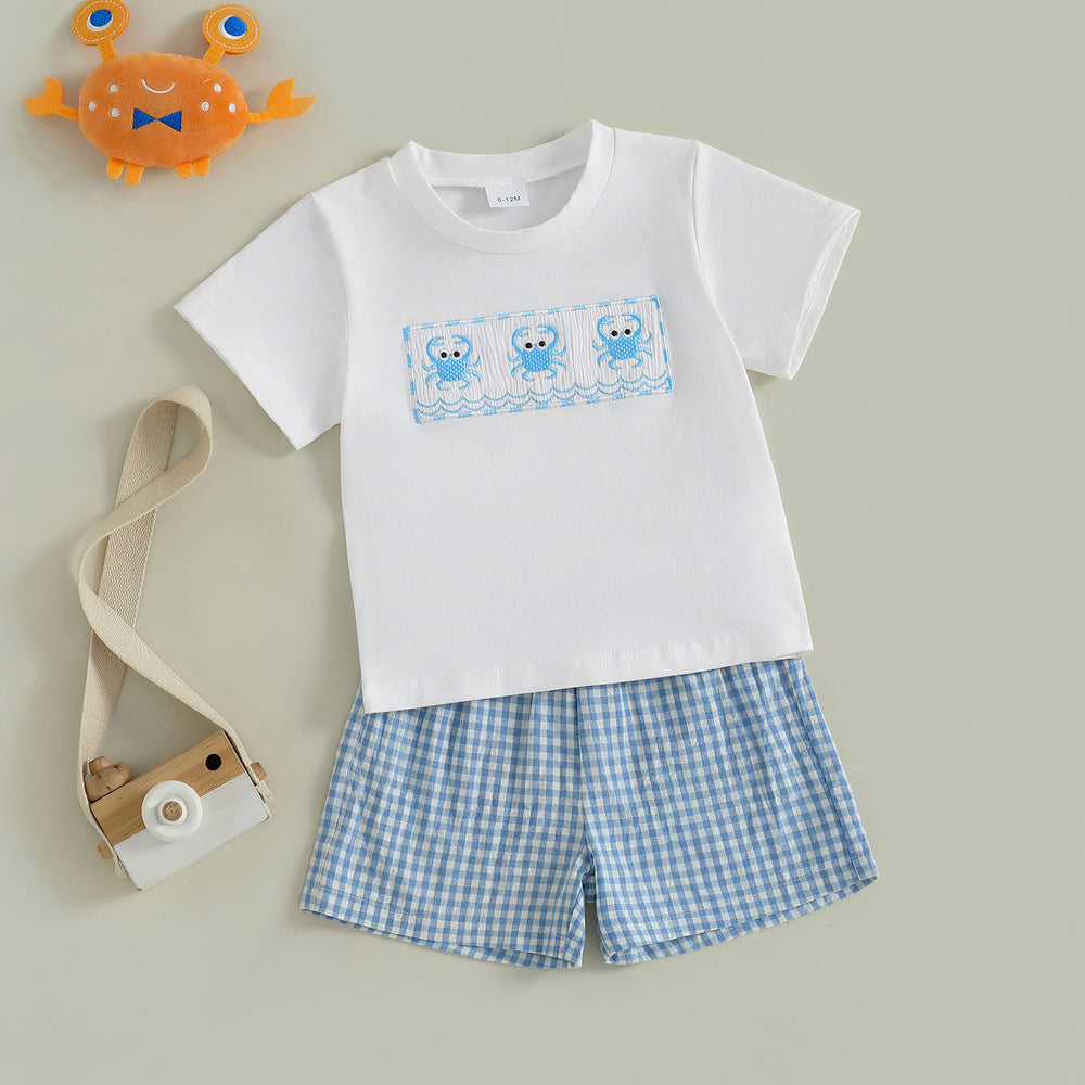 CrabbyCool Zomerset Baby & Peuter | T-shirt met Krabjes & Ruitjes Short | Katoen & Polyester | 6mnd–4jr | Wit & Blauw