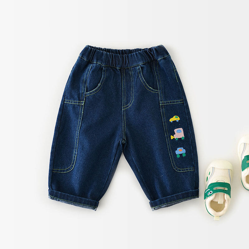 Spijkerbroek met Autoprint - Little Wheels Jeans Jongens, Blauw, Katoen, Denim, 0-3 Jaar
