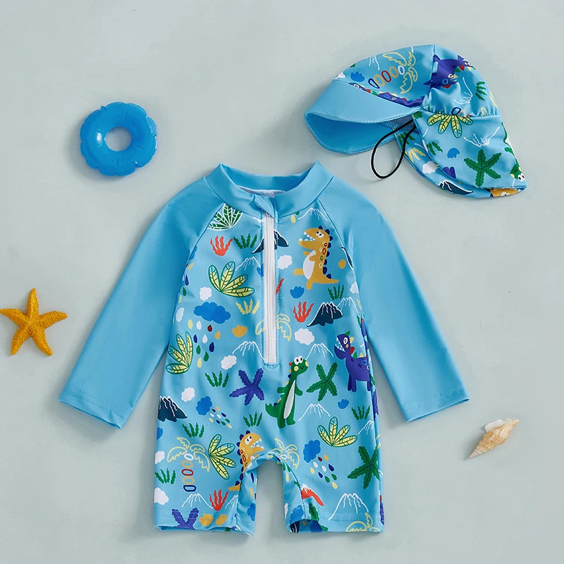 Jongens UV Zwempak Haai Print met Zonnehoed – Lange Mouwen | 0-5jr
