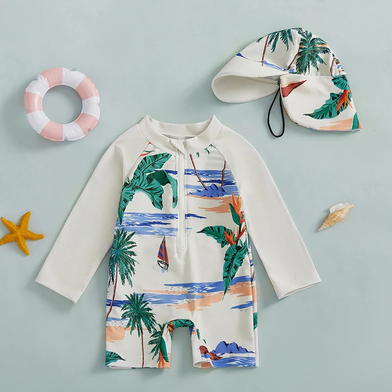 Jongens UV Zwempak Haai Print met Zonnehoed – Lange Mouwen | 0-5jr