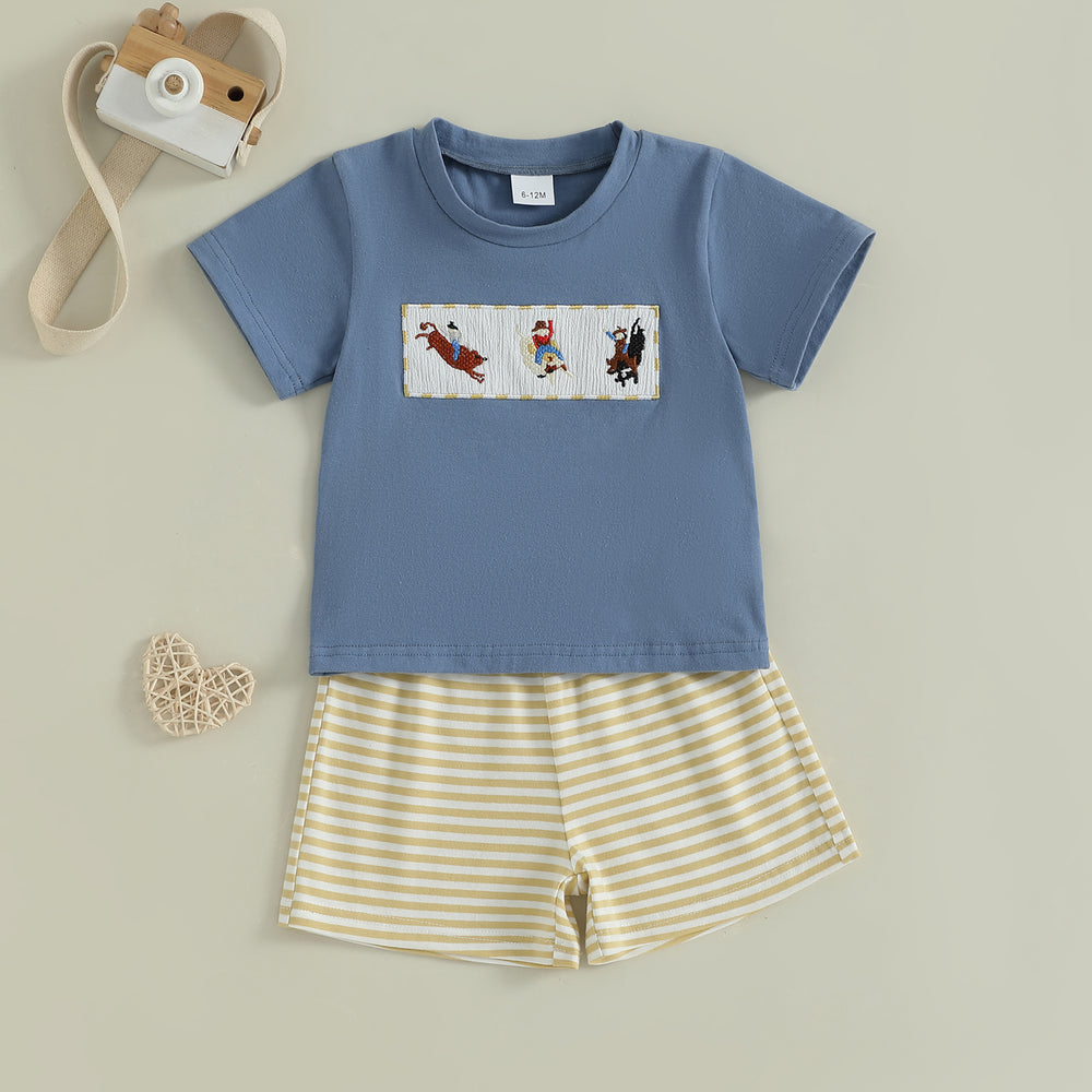 JungleJump Zomerset Jongens | T-shirt met Aapjes & Gestreepte Short | Katoen & Polyester | 6mnd–4jr | Blauw & Geel