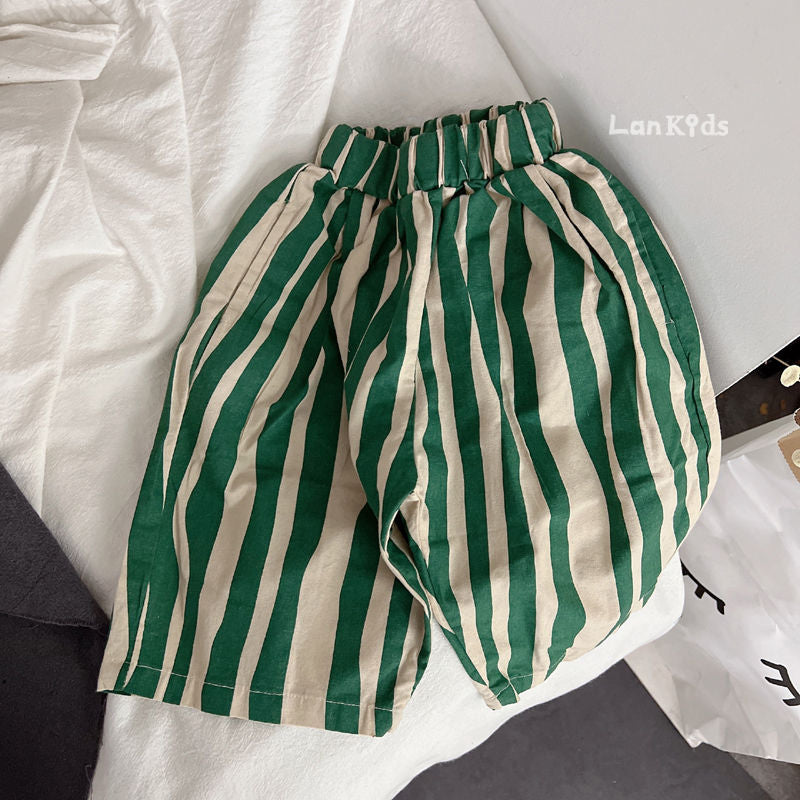 Gestreepte Kinderbroek – LucaLino Baggy Broek Unisex, Zwart/Groen, Katoen, Maat 0-6 Jaar