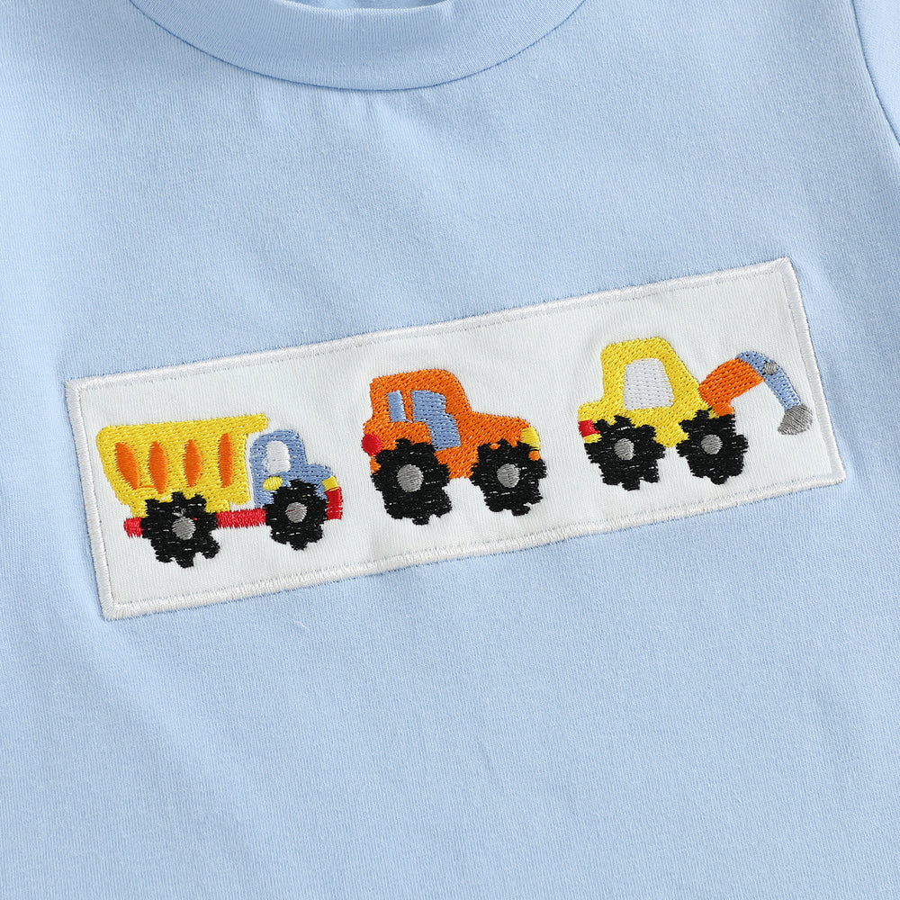 MiniMachines Zomerset Jongens | T-shirt met Bouwvoertuigen & Gestreepte Gele Short | Katoen & Polyester | 0–4 Jaar | Comfortabele Zomeroutfit