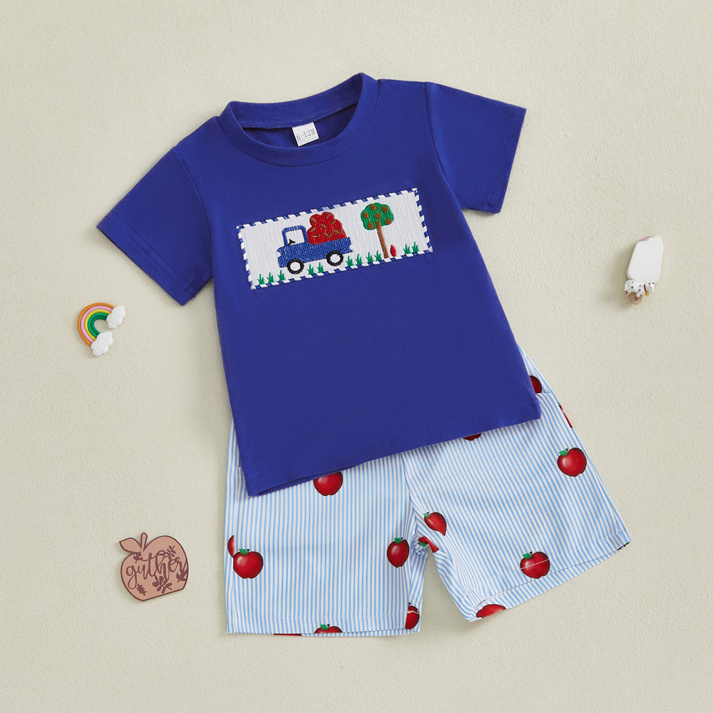 AppleTruck Zomerset Jongens | T-shirt met Appeltruck & Gestreepte Short | Katoen & Polyester | 6mnd–4jr | Blauw & Rood