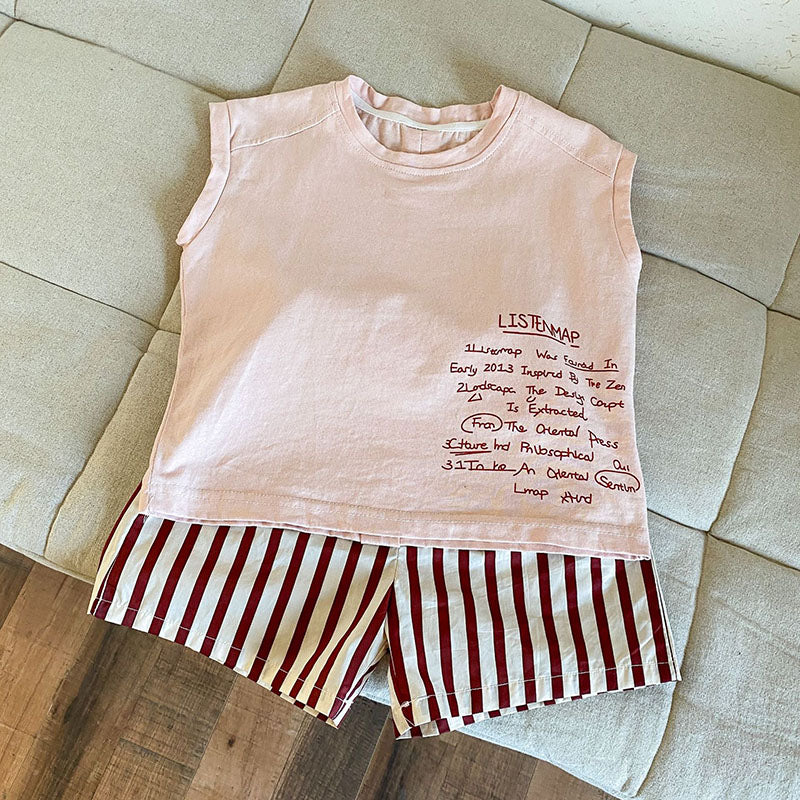 Zomer Kleding Set Gestreepte Korte Broek + T-shirt - Tula Unisex, Roze/Bruin, Katoen, Maat 0-8 Jaar