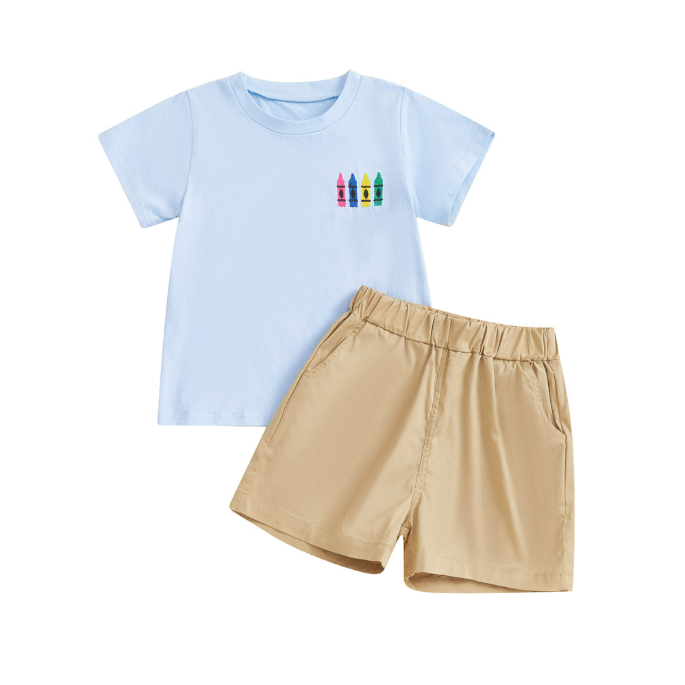 CrayonCool Zomerset Jongens | T-shirt met Krijtjesprint & Korte Broek | Katoen & Polyester | 18mnd–6jr | Donkerblauw of Lichtblauw