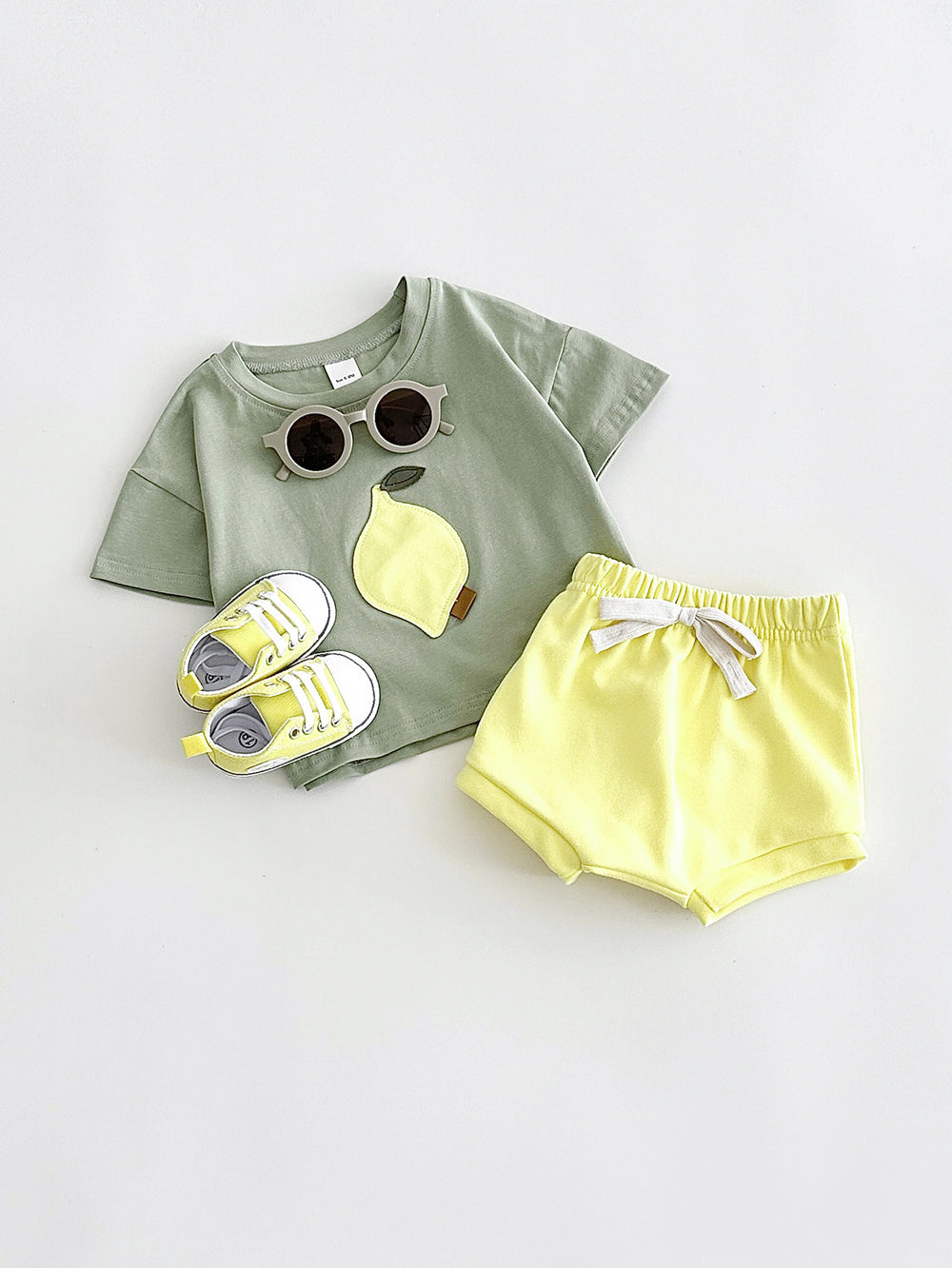 Zomer Kledingset T-shirt Citroen + Korte Broek Jogging - Baby Peuter Kleuter, Groen/Geel, Katoen, Maat 0-3 Jaar