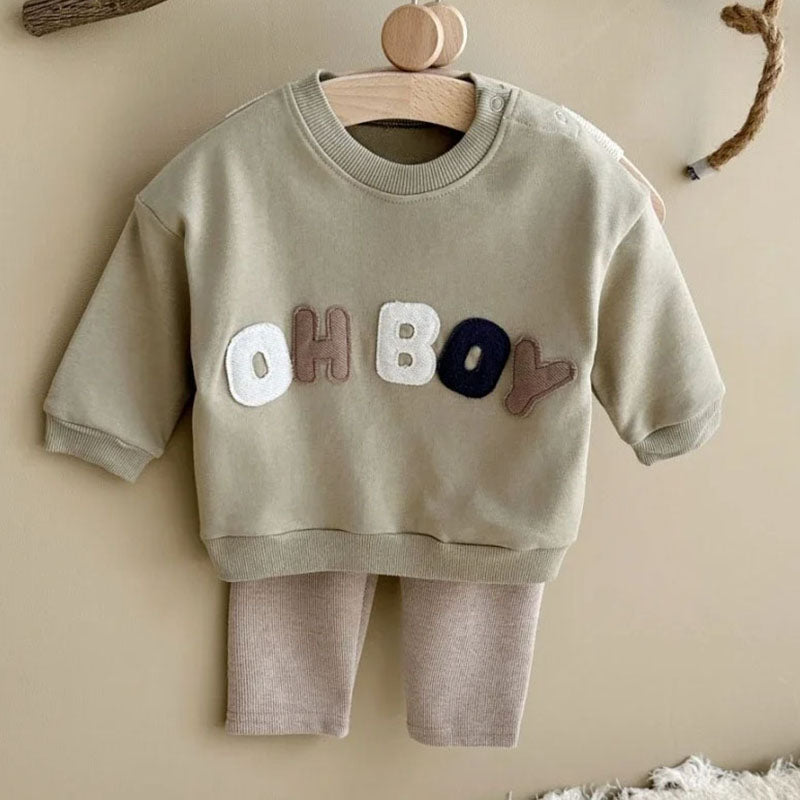 Kledingset Legging met Trui - LittleNomad Jongens, Beige/Bruin/Groen, Katoen, Maat 0-3 Jaar