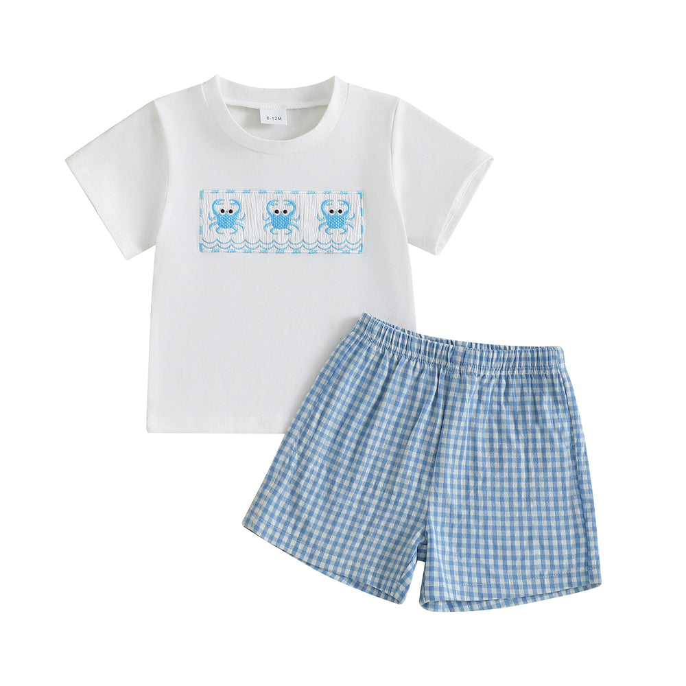 CrabbyCool Zomerset Baby & Peuter | T-shirt met Krabjes & Ruitjes Short | Katoen & Polyester | 6mnd–4jr | Wit & Blauw