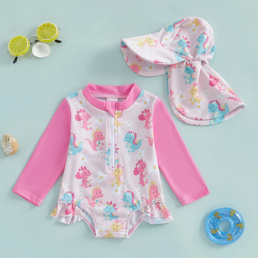 SweetWave Zwemset Meisjes | Lange Mouwen & Zonnehoed | UV-Bescherming | Flamingo & Dino | 0-5 Jaar