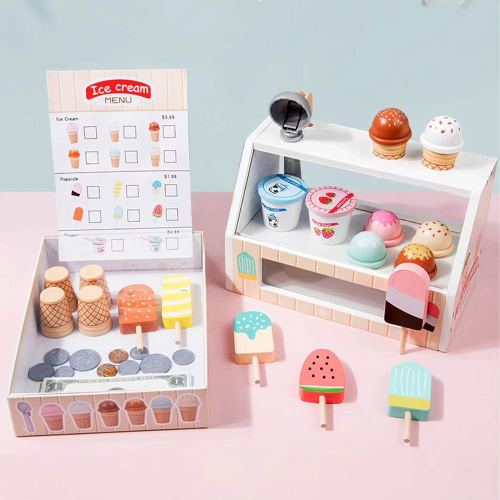 Playvero Count & Scoop Ice Bar – Educatieve Houten IJsjes Speelset met Geld en Rollenspel