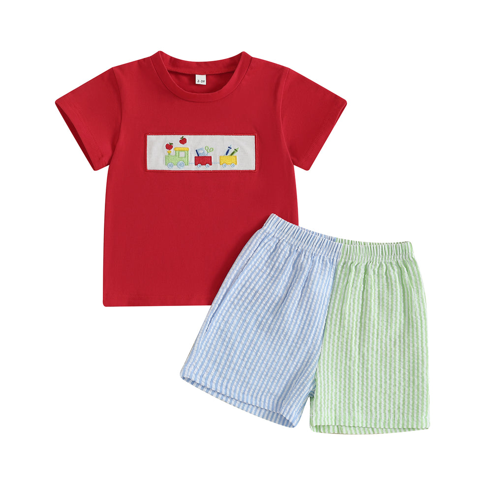 Schooltrain Zomerset Jongens | Rood T-shirt met Treinprint & Gestreepte Short | Katoen & Polyester | 2–6 Jaar | Zomerspeelkleding