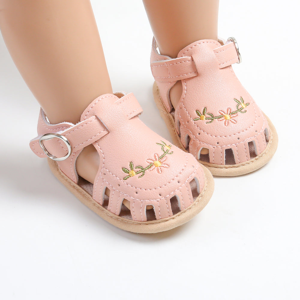 Baby Sandalen met Bloemenborduursel - Little Steps Meisjes, Zwart/Roze/Beige/Groen/Wit, Maat 0-2 Jaar