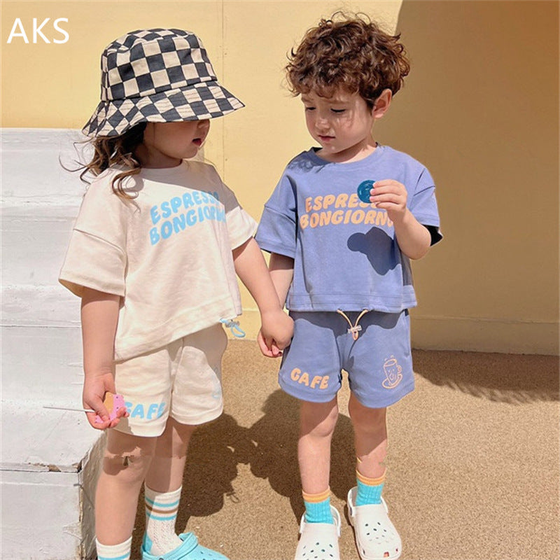 Zomerset korte broek met t-shirt - CaffèKids Unisex, Blauw/Beige, Katoen, Maat 0-6 Jaar