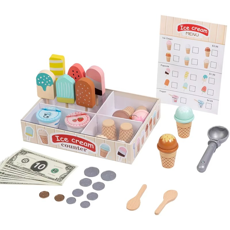 Playvero Count & Scoop Ice Bar – Educatieve Houten IJsjes Speelset met Geld en Rollenspel
