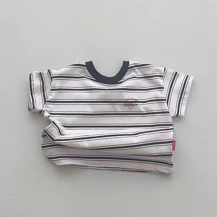 Mini Energy Baby T-shirt – Gestreept Katoen Shirt met Tekstprint | Uniseks | Maat 0–3 Jaar