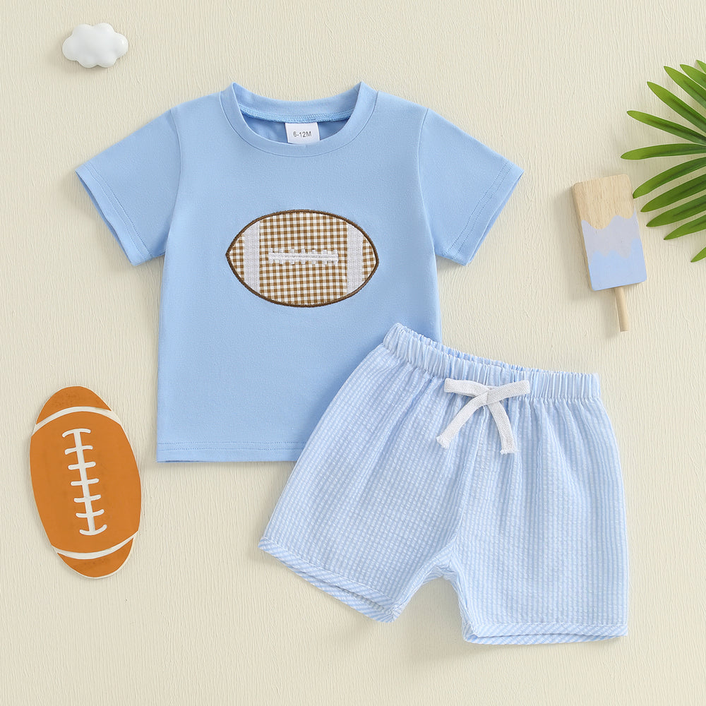 Touchdown Zomerset Jongens | T-shirt met Rugbybal & Lichtblauwe Short | Katoen & Polyester | 6mnd–4jr | Sportieve Babyoutfit