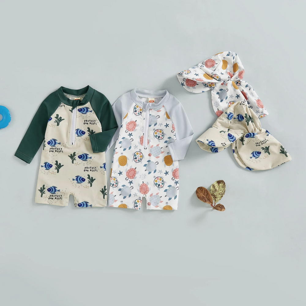 OceanGuard Zwemromper Set Baby & Peuter | Lange Mouwen & Zonnehoed | UV-Bescherming | Vissen & Schildpadden | 0-3 Jaar