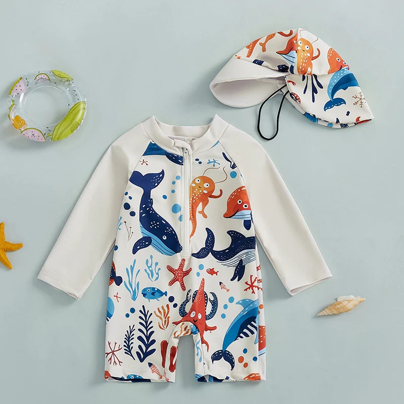 Jongens UV Zwempak Haai Print met Zonnehoed – Lange Mouwen | 0-5jr