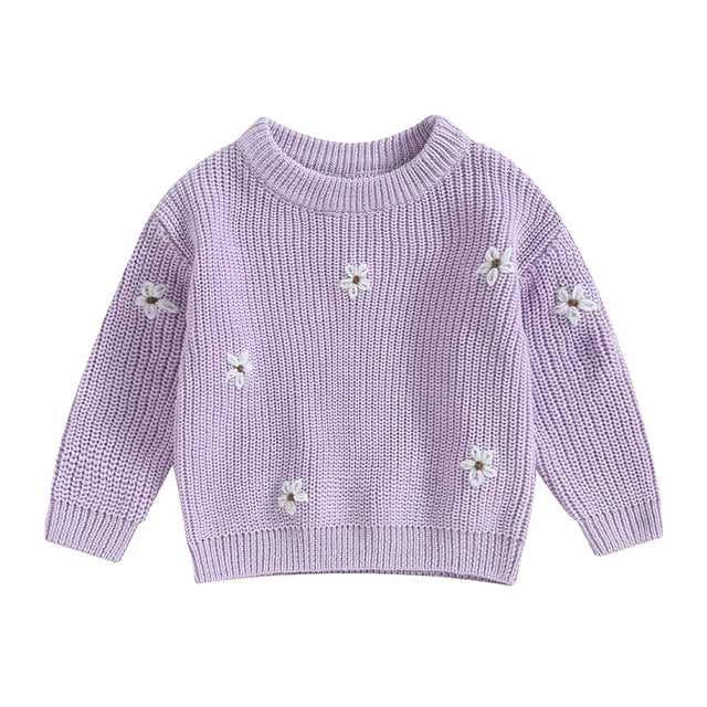 Gebreide Trui met Bloemen – Meisjes, Beige/Groen/Grijs/Paars/Roze, Katoen, Maat 0-6 Jaar-More For Mini