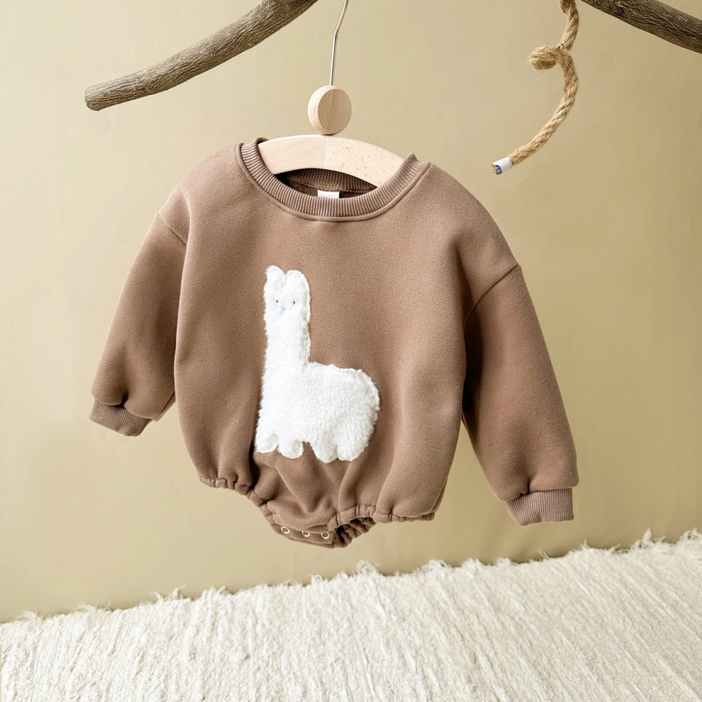 Bodysuit Romper met Lama print – Baby, Beige/Bruin, Katoen, Maat 0-1,5 Jaar-More For Mini