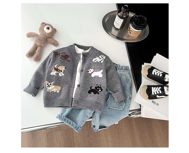Gebreid Vest met Honden - Puppy Love Unisex, Grijs, Katoen, Maat 0-4 Jaar-More For Mini