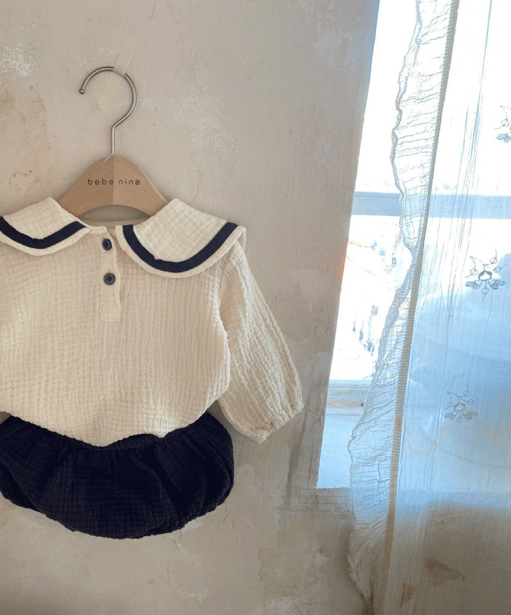 Maison Mini Babyset – 2-delige Outfit van Mousseline Katoen met Pofbroek & Kraag (0–3 Jaar)
