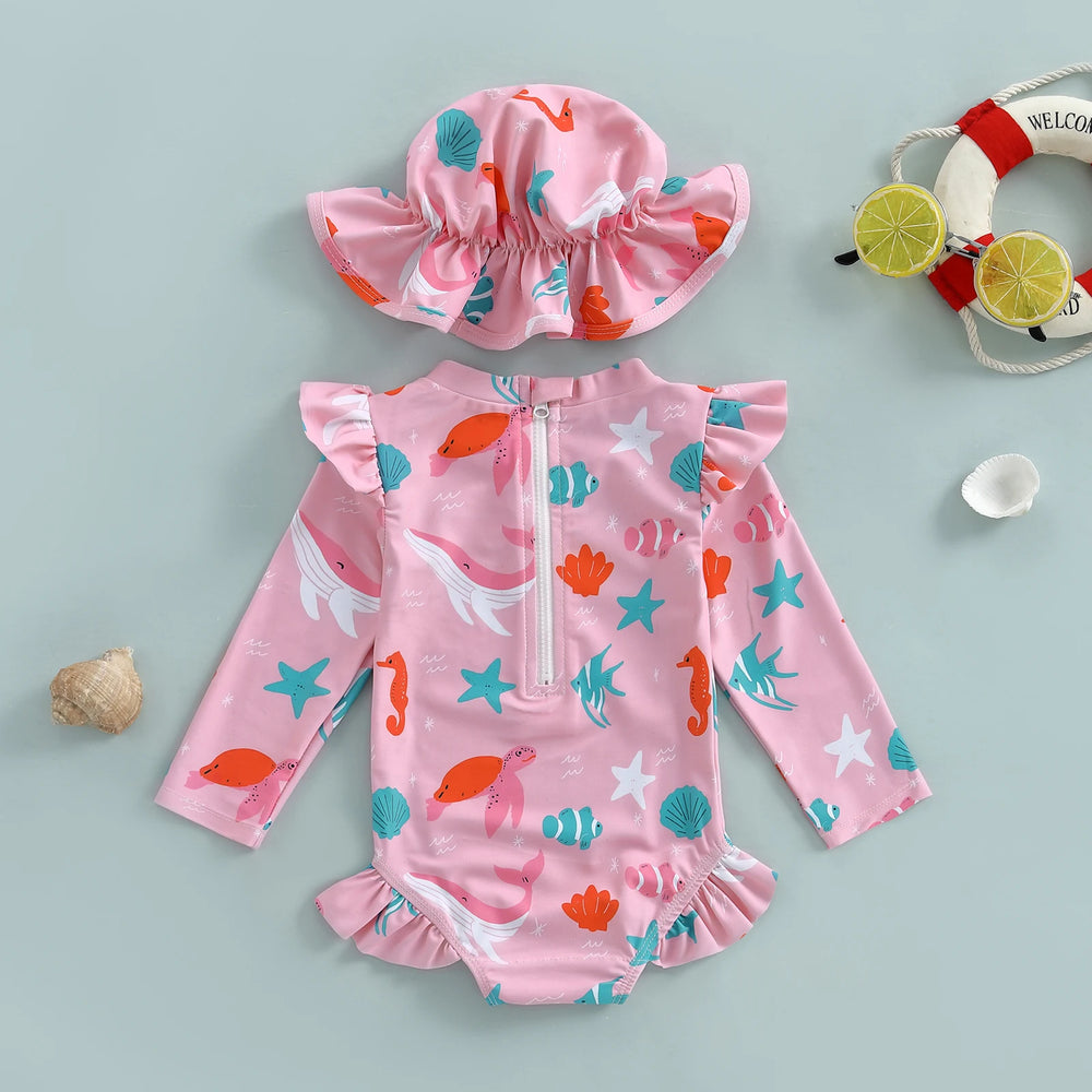 Baby Meisjes UV Zwempak met Zonnehoed – Lange Mouwen | 6M-3 jr
