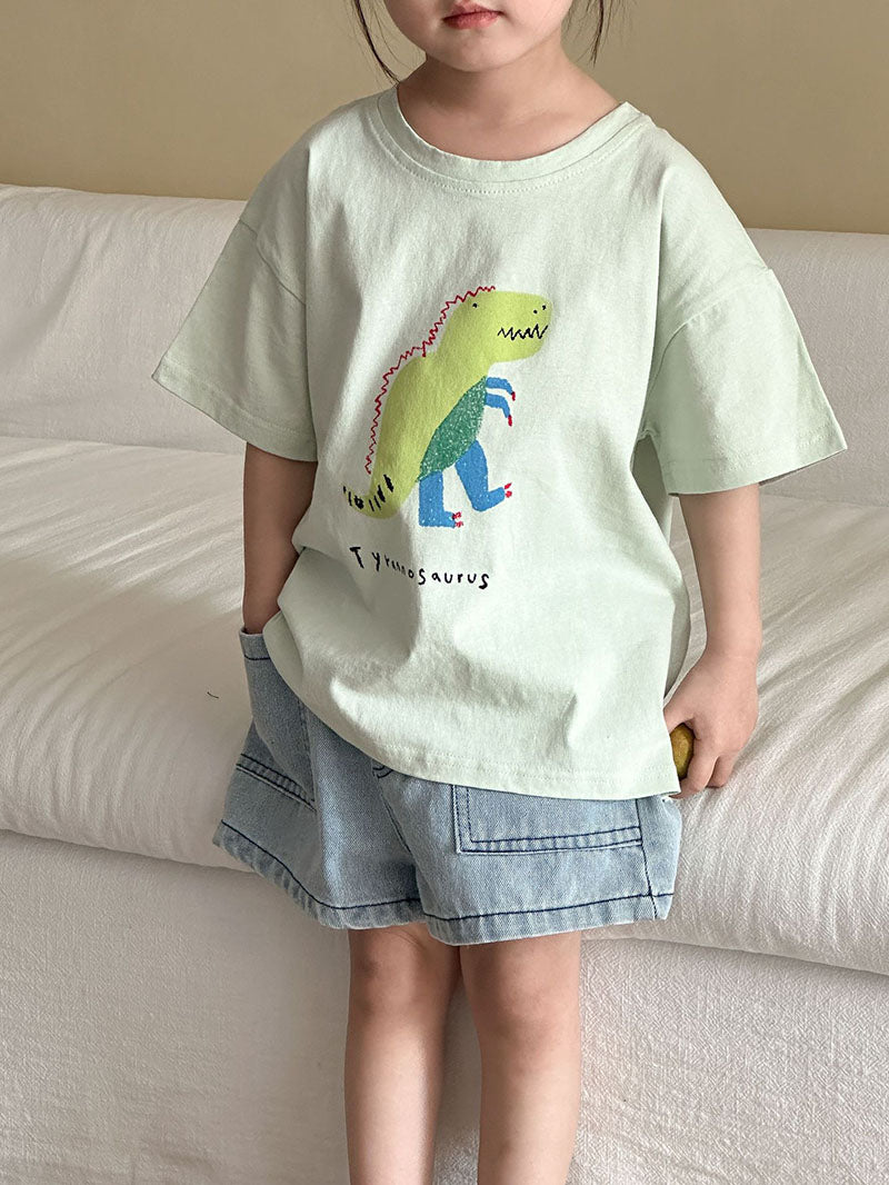 T-shirt met Dinoprint - Baby Peuter Kleuter Kinderen, Groen/Grijs/Beige/Roze, Katoen, Maat 0-8 Jaar
