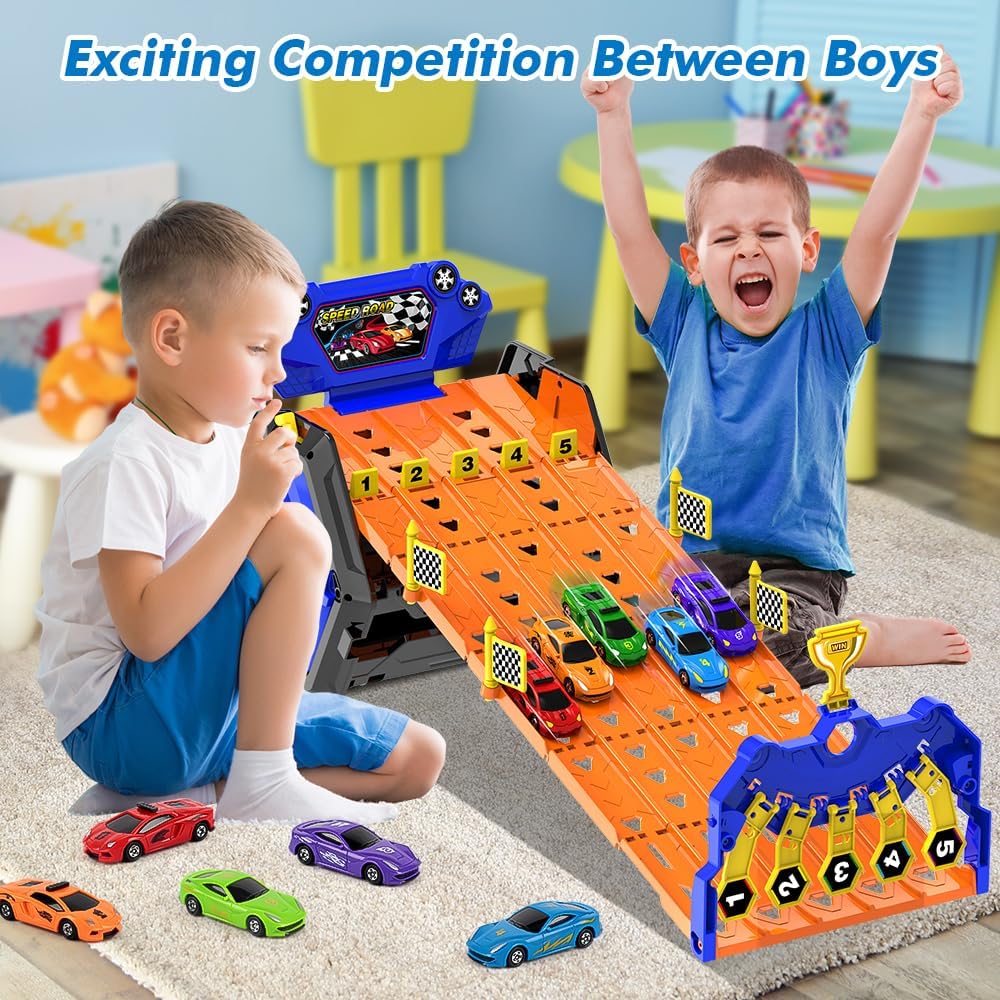 SpeedRacer 5-Banen Racebaan met Auto's – Transformeerbare Opbergset | Inclusief 5 Racewagens | Speelgoed Racebaan voor Jongeren 14+ | Racing Track Game