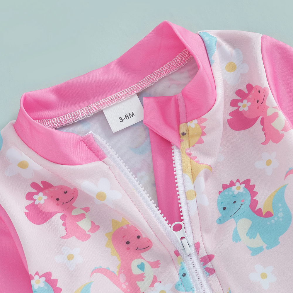 SweetWave Zwemset Meisjes | Lange Mouwen & Zonnehoed | UV-Bescherming | Flamingo & Dino | 0-5 Jaar