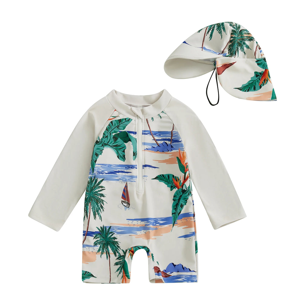 Jongens UV Zwempak Haai Print met Zonnehoed – Lange Mouwen | 0-5jr