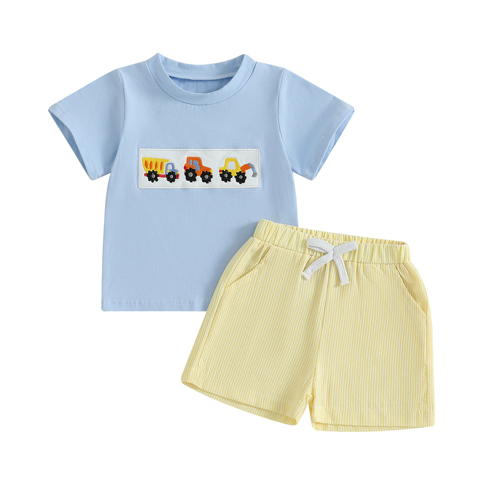 MiniMachines Zomerset Jongens | T-shirt met Bouwvoertuigen & Gestreepte Gele Short | Katoen & Polyester | 0–4 Jaar | Comfortabele Zomeroutfit