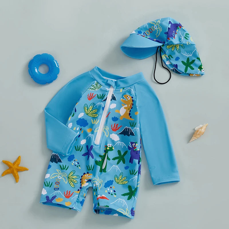 Jongens UV Zwempak Haai Print met Zonnehoed – Lange Mouwen | 0-5jr