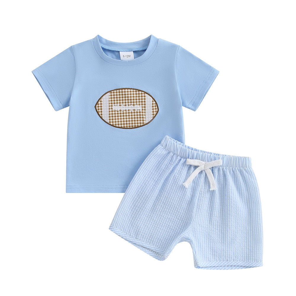 Touchdown Zomerset Jongens | T-shirt met Rugbybal & Lichtblauwe Short | Katoen & Polyester | 6mnd–4jr | Sportieve Babyoutfit