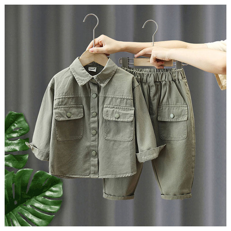 Set met Broek en Shirt - Little Explorer Unisex, Beige/Groen, Katoen, Maat 0-7 Jaar