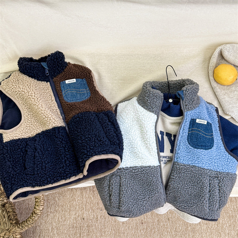 Bodywarmer van Fleece - Cozypocket Gilet Unisex, Blauw/Grijs, Katoen, Maat 0-6 Jaar-More For Mini