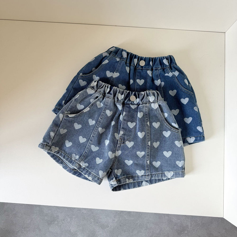 Korte Spijkerbroek met Hartjes - Liva Denim Shorts Baby Peuter Kleuter Kinderen, Lichtblauw/Donkerblauw, Katoen, Maat 0-8 Jaar