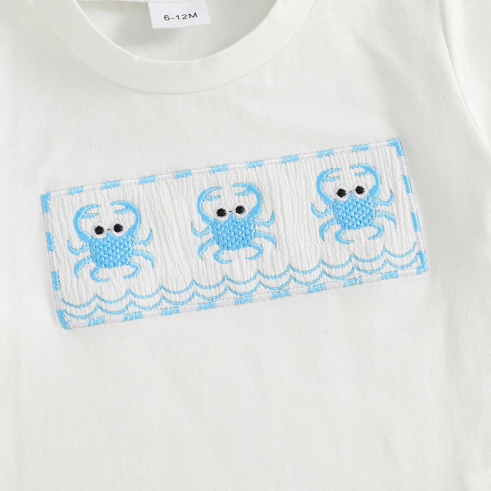 CrabbyCool Zomerset Baby & Peuter | T-shirt met Krabjes & Ruitjes Short | Katoen & Polyester | 6mnd–4jr | Wit & Blauw