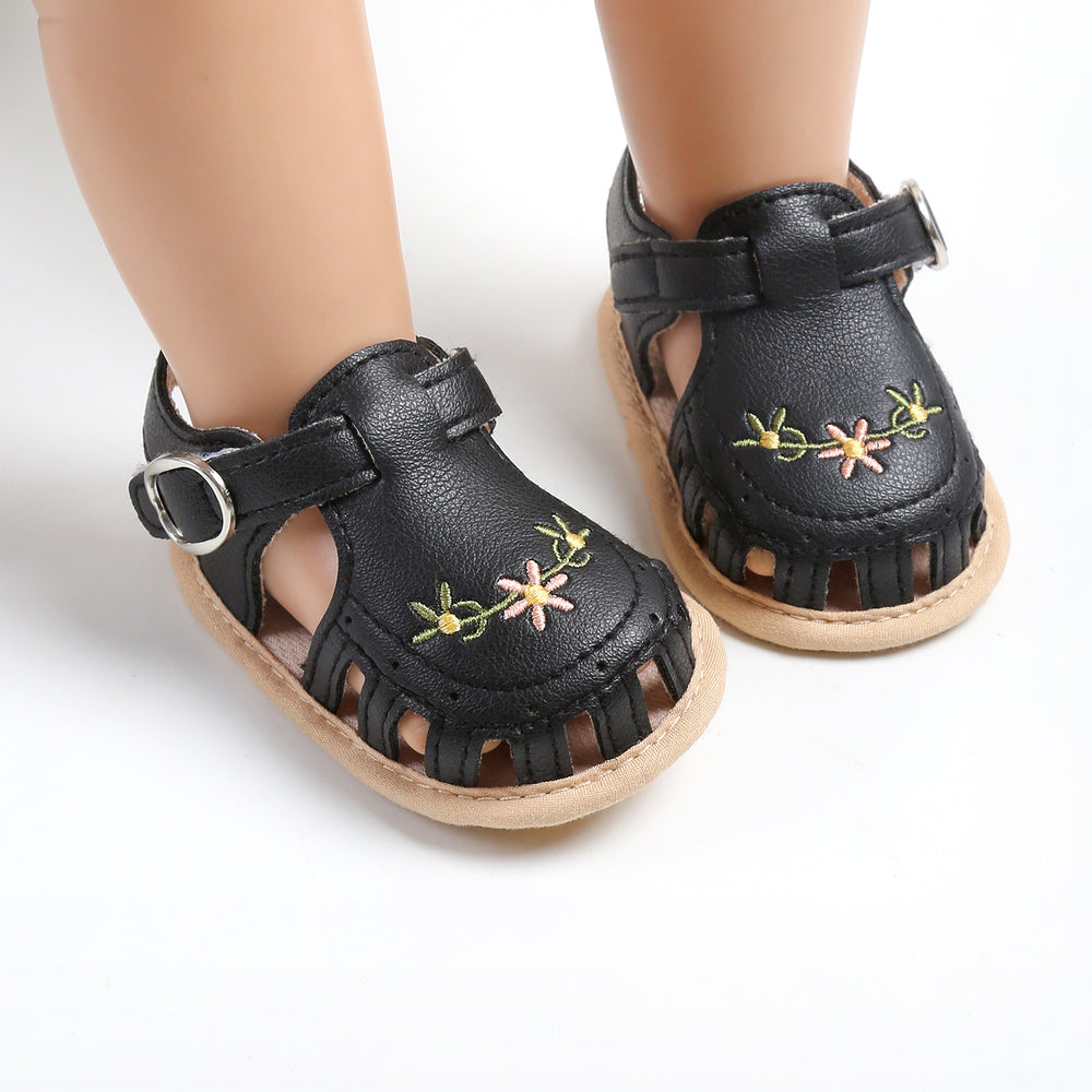 Baby Sandalen met Bloemenborduursel - Little Steps Meisjes, Zwart/Roze/Beige/Groen/Wit, Maat 0-2 Jaar