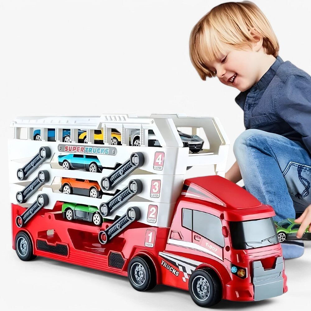 Speelgoed autotransporter met 6 raceauto's – laadfunctie, zonder batterijen | vrachtwagen