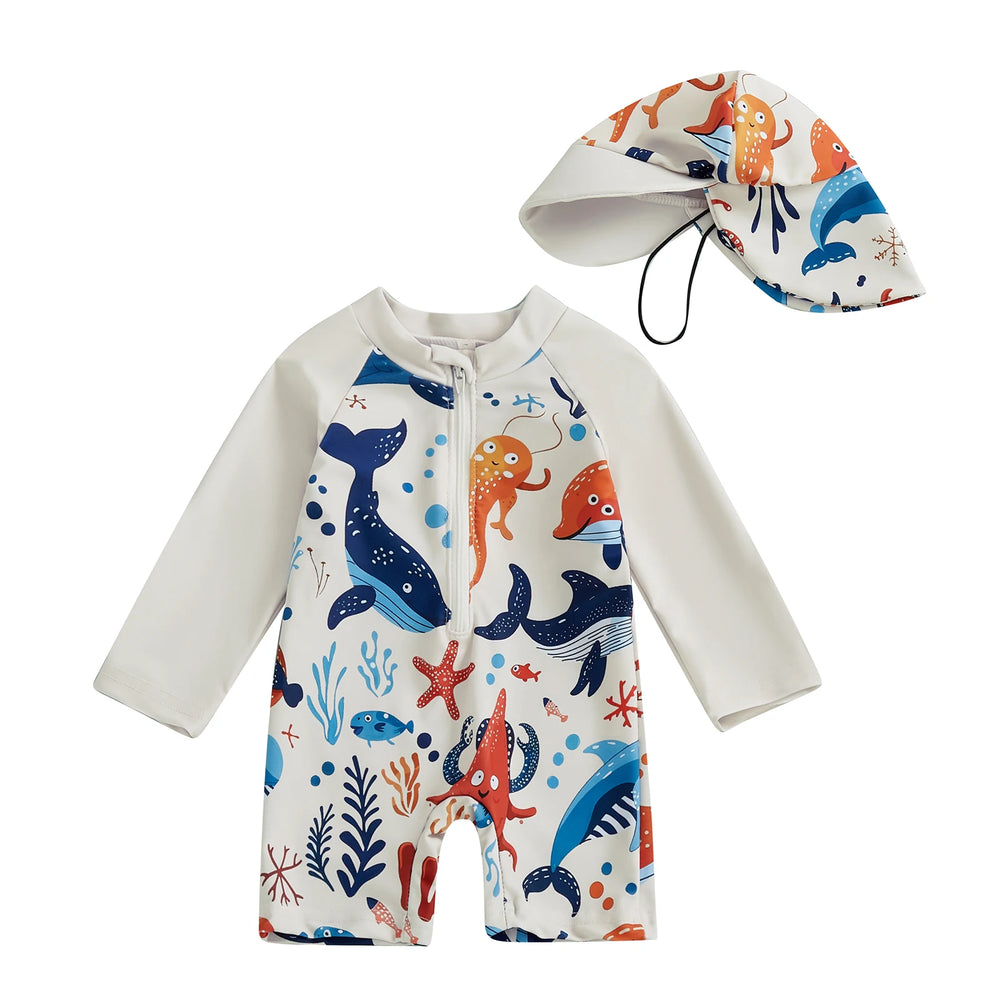 Jongens UV Zwempak Haai Print met Zonnehoed – Lange Mouwen | 0-5jr