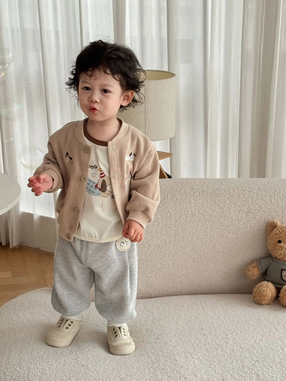 Trendy Baby & Peuter Baseball Jas – Herfst, Honden Borduursels & Comfortabel
