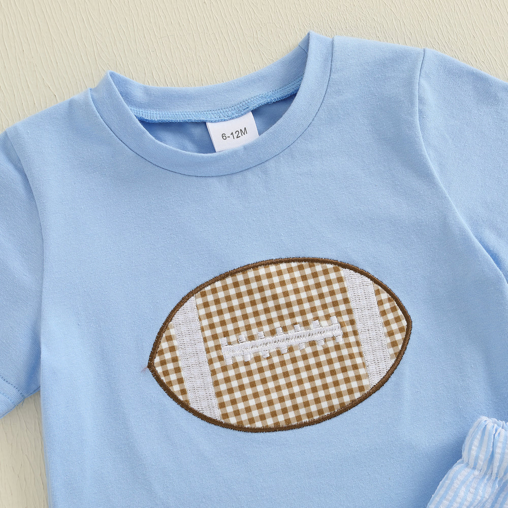 Touchdown Zomerset Jongens | T-shirt met Rugbybal & Lichtblauwe Short | Katoen & Polyester | 6mnd–4jr | Sportieve Babyoutfit