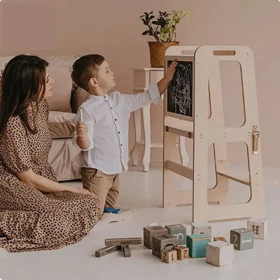 4-in-1 Peuter Leertoren & Tafel van Hout – Veilig, Meegroeiend & Multifunctioneel