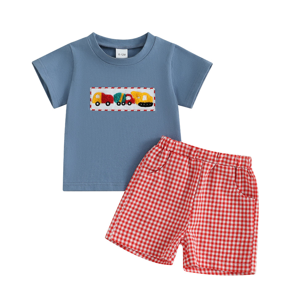 Checkered Truck Zomerset Jongens | T-shirt met Auto's & Ruitjes Short | 6mnd–4jr | Katoen & Polyester | Blauw & Rood